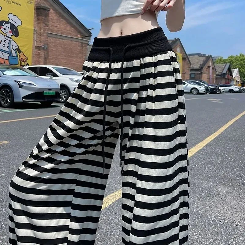 B Women's Striped Casual Pants Summer New High‑Waisted Wide‑Leg Trousers Stylish And Versatile Relaxed‑Fit Slimming Long Pant