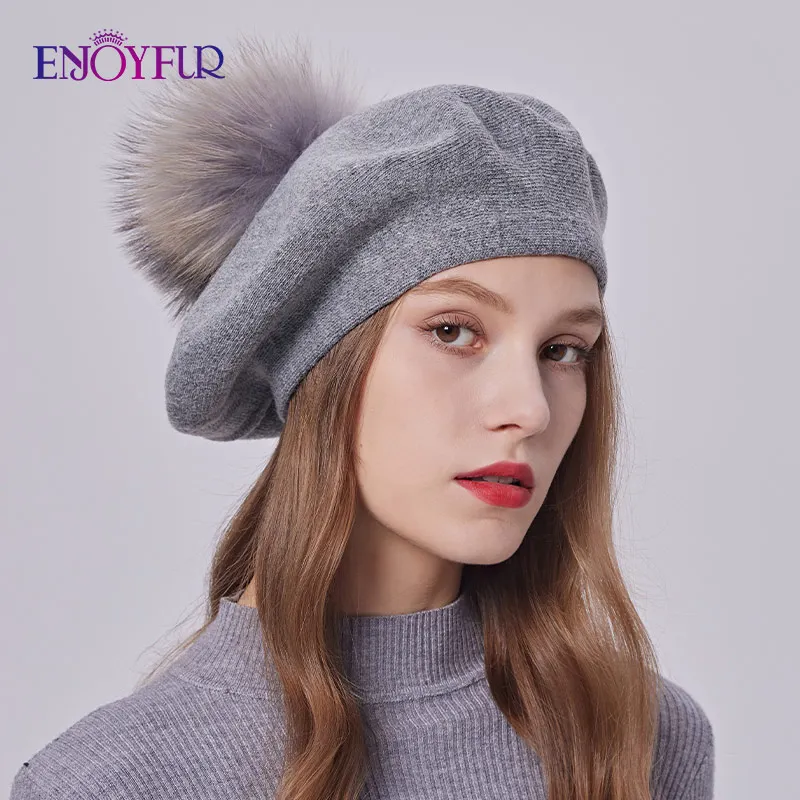 استمتع بالنساء الشتاء الكلاسيكية Frech قبعة الصوف الكشمير متماسكة القبعات مع ريال كبير رقيق الفراء بوم بوم سيدة الموضة قبعة بيريه دافئة #4
