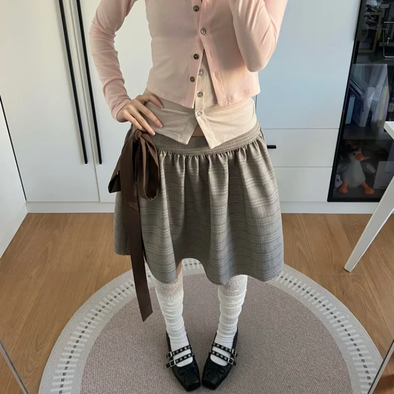 

Корейская свободная плиссированная юбка в клетку контрастного цвета, женская осень 202, повседневная юбка трапециевидной формы на шнуровке с высокой талией и пуговицами