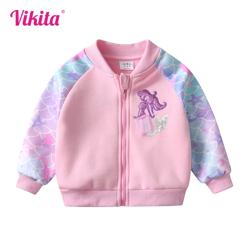 

VIKITA Kids Cotton Casual Sports Jackets Kids Mermaid Appliqued Cartoon Coat Girls Zipper Outwear Children Pink Jacket and Coat