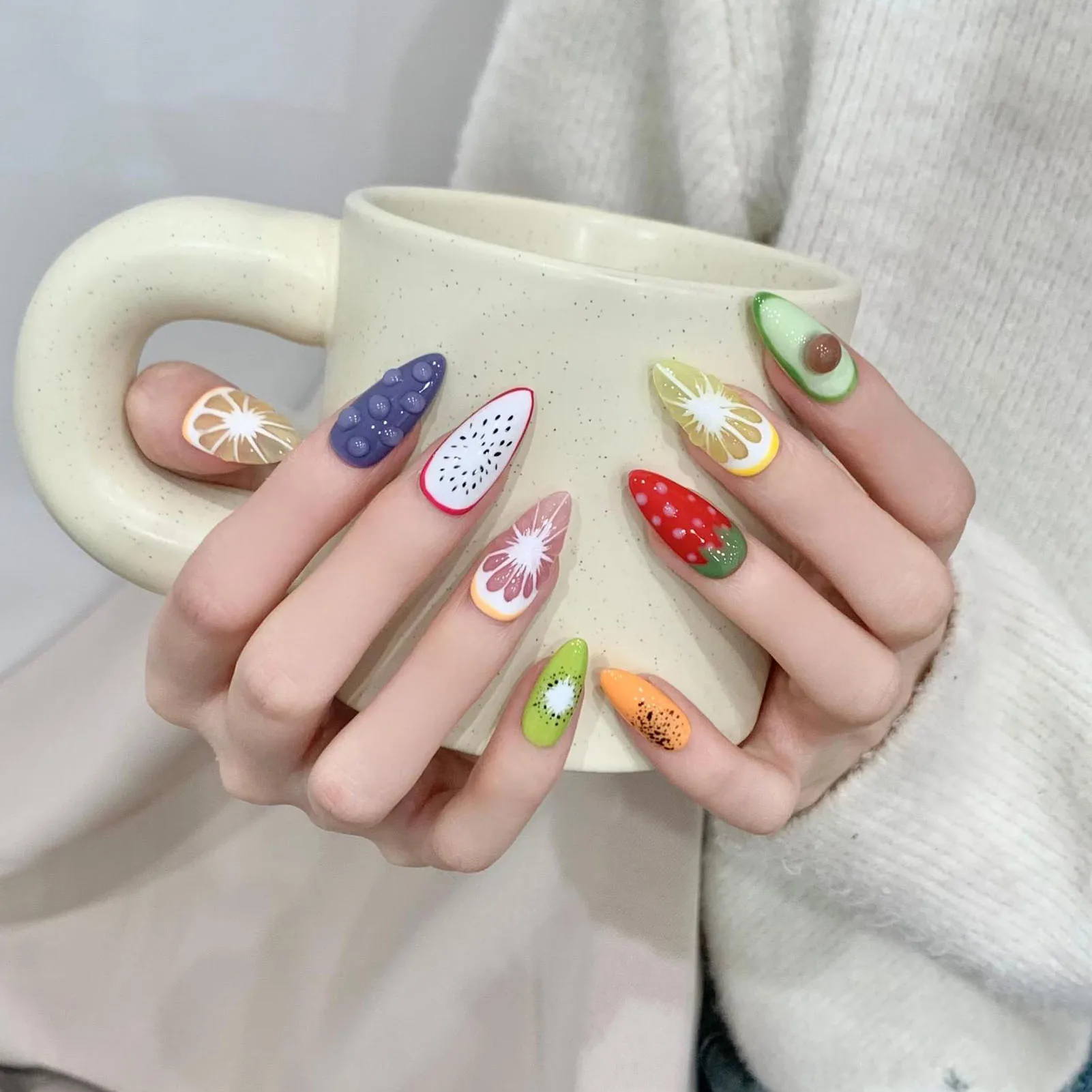 10pcs Fruits Pattern Long Artificial Nails Long Lasting Safe Material Waterproof False Nails for Finger Decoration Home Nail DIY