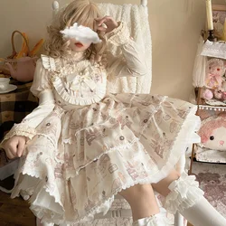 M-3XL Sweet Cute Lolita JSK Dress Beige Dog Strap Skirt Ruffle Bow Tie Satin Dress