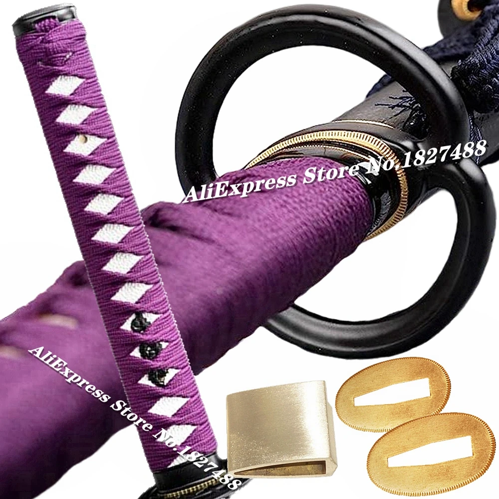 26CM*Purple Ito Katana Tsuka Japanese Sword Musashi Tsuba Fittings Set Menuki+Fuchi+Kashira+Handle+Habaki+Seppa Accessory