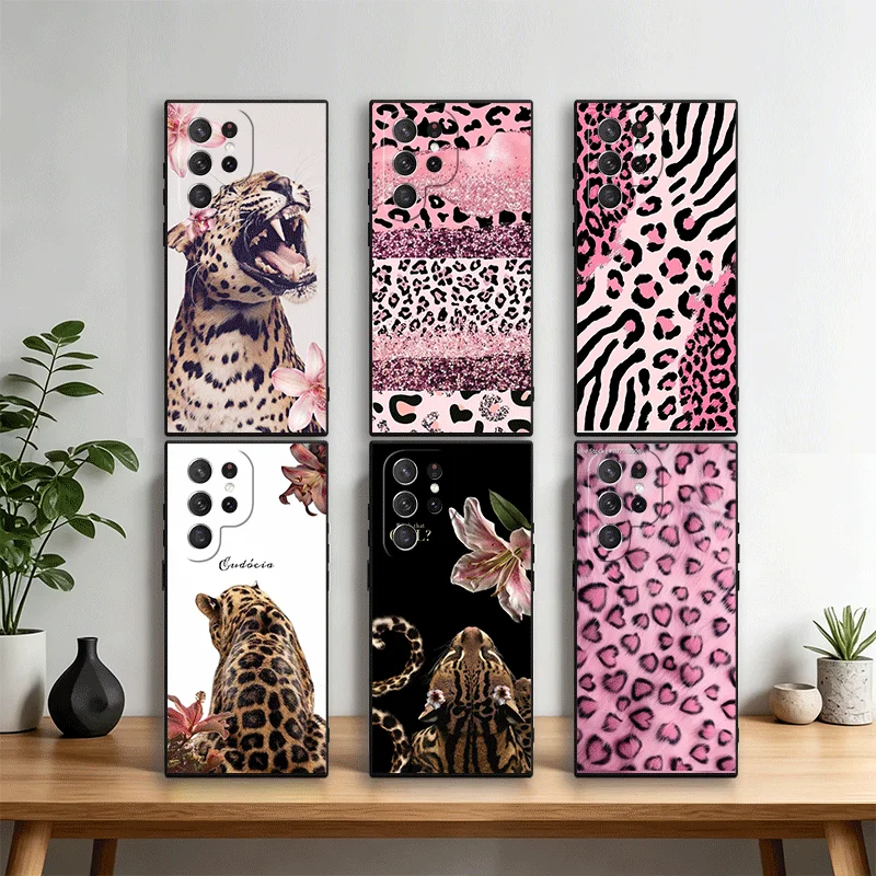 Pink Leopard Print Phone Case Cover for Samsung Galaxy S22 S23 Plus S24 FE S25 Edge S26 Ultra S20 S21 + Black Soft Shell