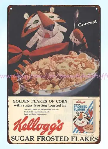 Signo de hojalata de metal de 1960s, escamas esmeriladas de azúcar, cereales de maíz, Tigre, kellogg, letreros antiguos