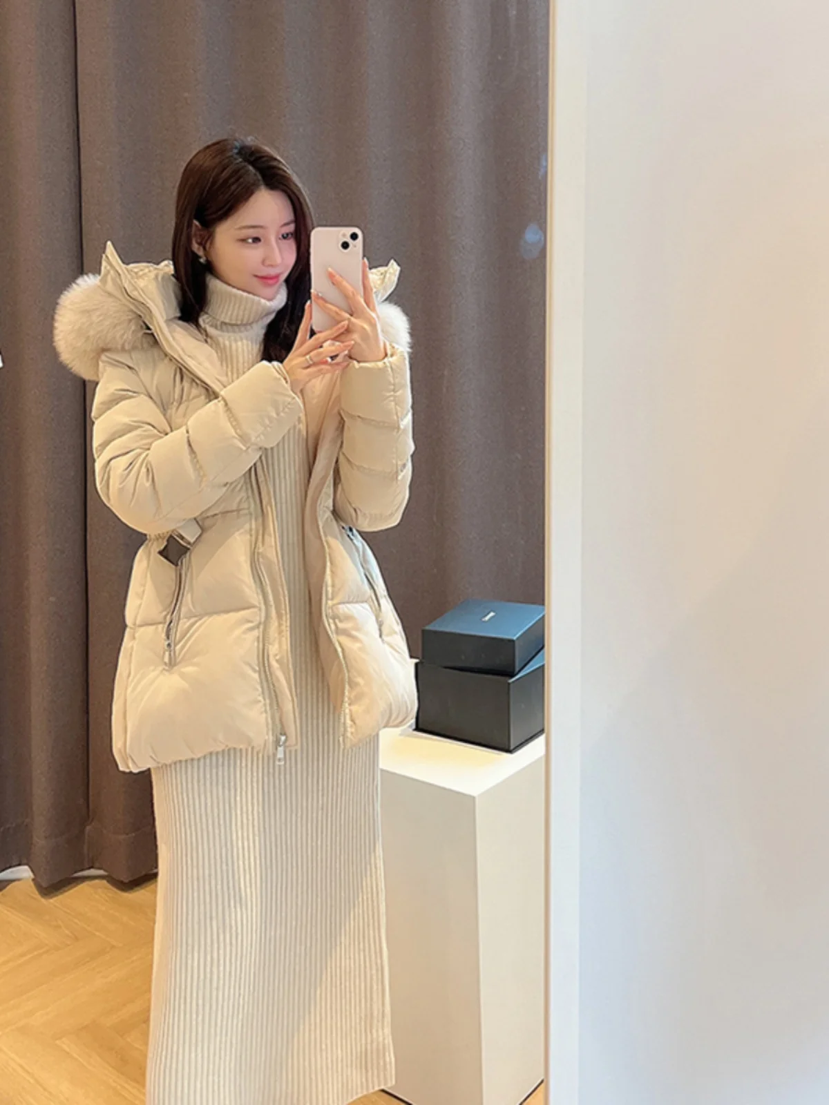 Koreaanse Sle Dames Gewatteerde Jaet Grote Bontkraag Wit Du Down Halflange Afslankende Warme Jas Ritssluiting Thiened