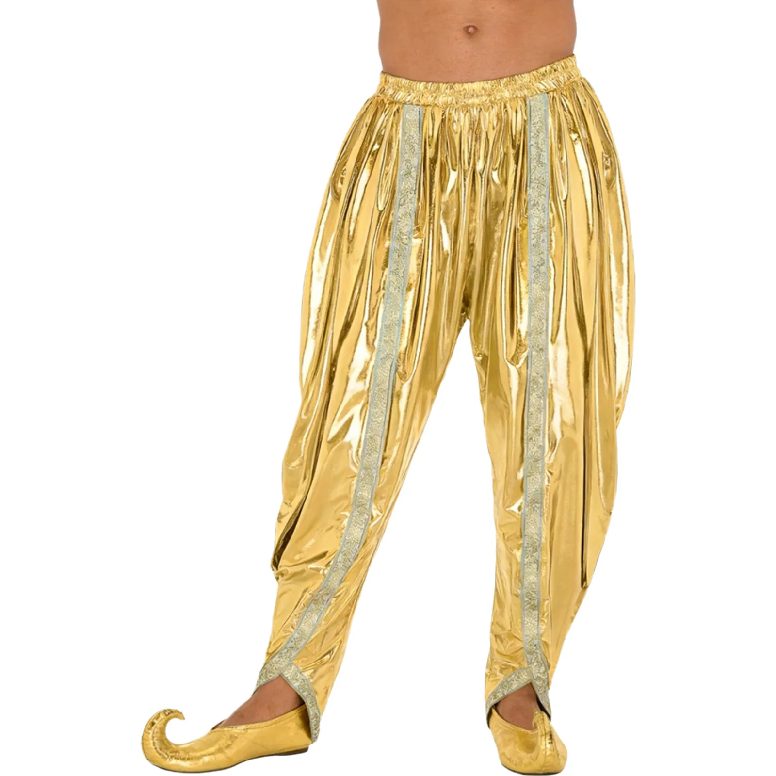 

Men Indian Dhoti Pants Gold Brocade Trim Metallic Shiny Arab Baggy Pants Harem Palazzo Pants for Halloween Cosplay Party Trouser