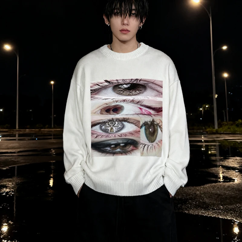 

y2k Unisex Gothic Dark Eye Neck Printed Oversized Sweater for Men and Women Emo Punk Aesthetic Streetwear Knitted Jumper