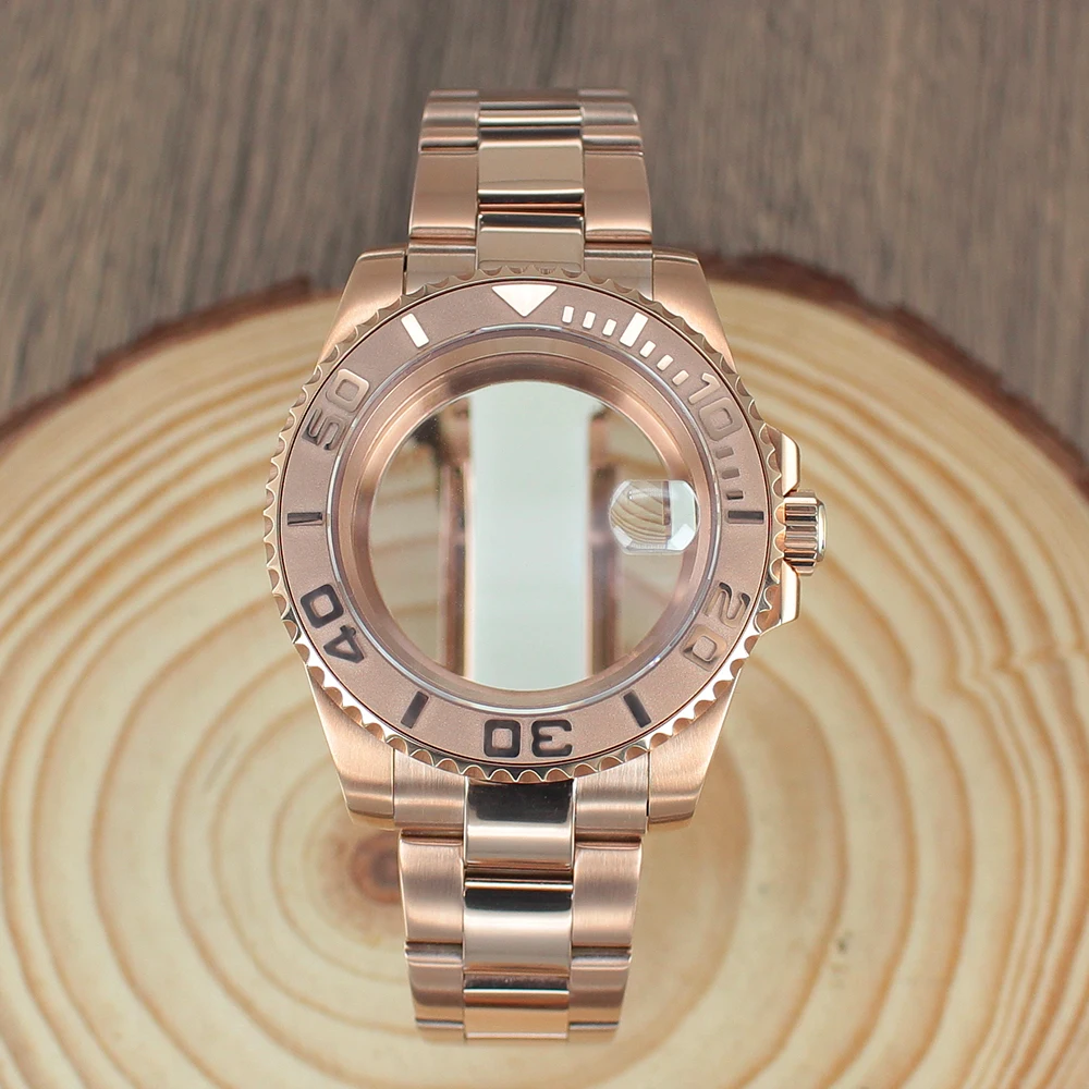 40 مللي متر PVD ساعة ذهبية وردية حزام الياقوت كريستال زجاج ل NH35 NH36 NH34 8215 2824 Movt 28.5 مللي متر الطلب 120 نقرات GMT ROOTBEER