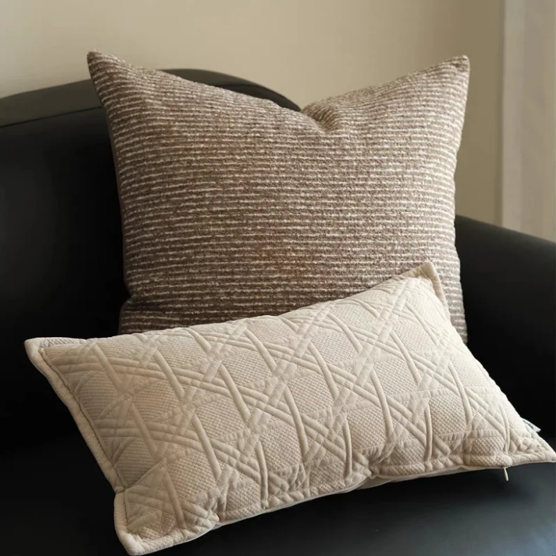Luxury Neutral Textured Throw Pillow Cover Embroidered Cherry Blossom & Quilted Cushion Case Modern Beige Decorative Pillow