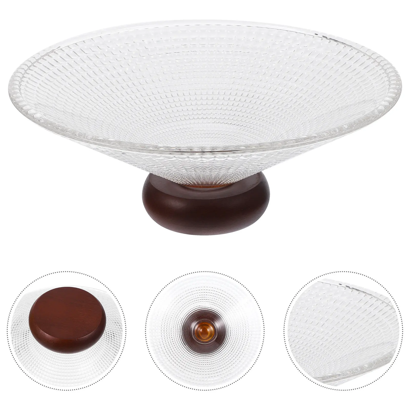 Large Glass Salad Bowl with Natural Wood Base Fruit Serving Bowl Dessert Snack Container Exquisite Craftsmanship Smooth Surface