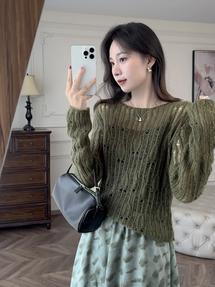 

Женский вязаный топ Zhang ei с вырезами, стандартный крой, длинный рукав, круглый вырез, тонкий, в стиле артистичной моды, для повседневной носки, корейский стиль, V-образный вырез.