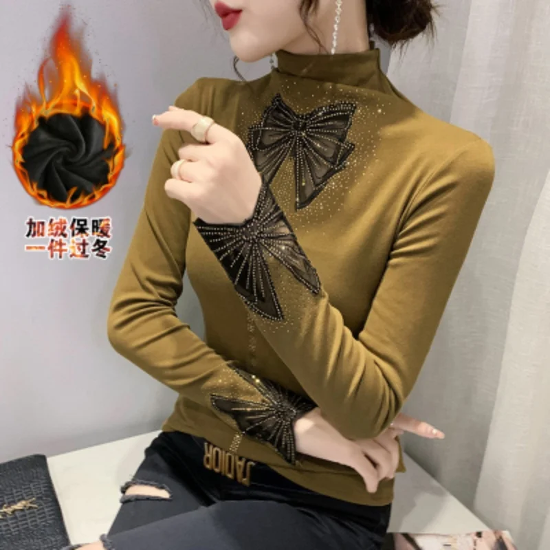 

Women's Hollow-Out Lace Splice Hot Diamond T-shirt New Slim Bottoming Ladies Tees Autumn Winter Thicken Warm Tees Blouse