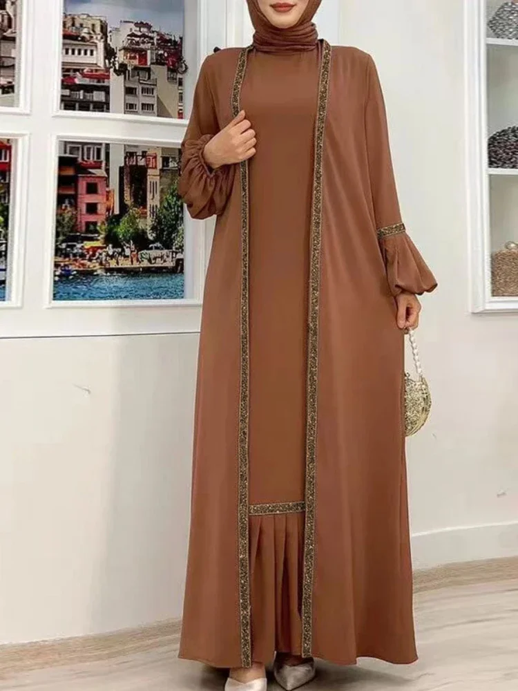 Imagem -06 - Eid Muçulmano Abaya Vestido Feminino Peça Conjunto de Oração Marrocos Caftan Plissado Abayas Vestidos Dubai Árabe Quimono Cardigan Robe Outwear