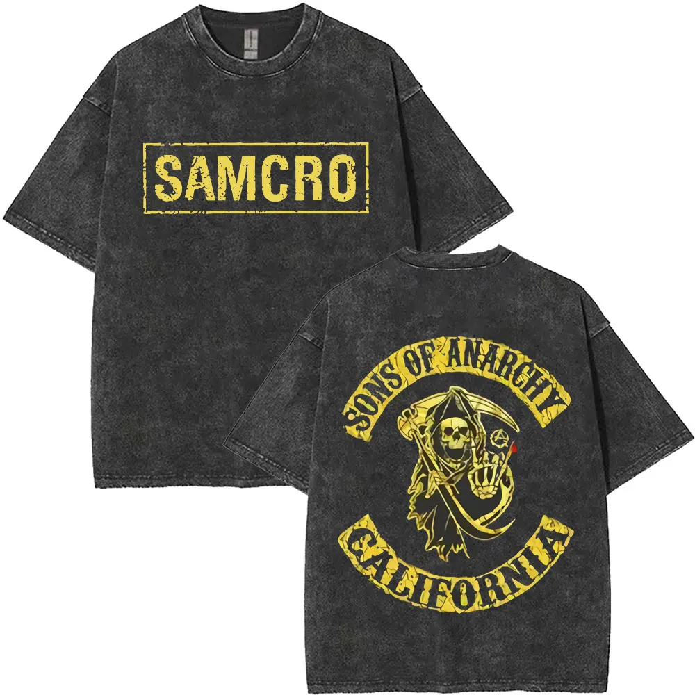 Camiseta Unissex Limited Anarchy Son Samcro Vintage Wash com Estampa de Esqueleto Hip Hop Rock Casual Manga Curta