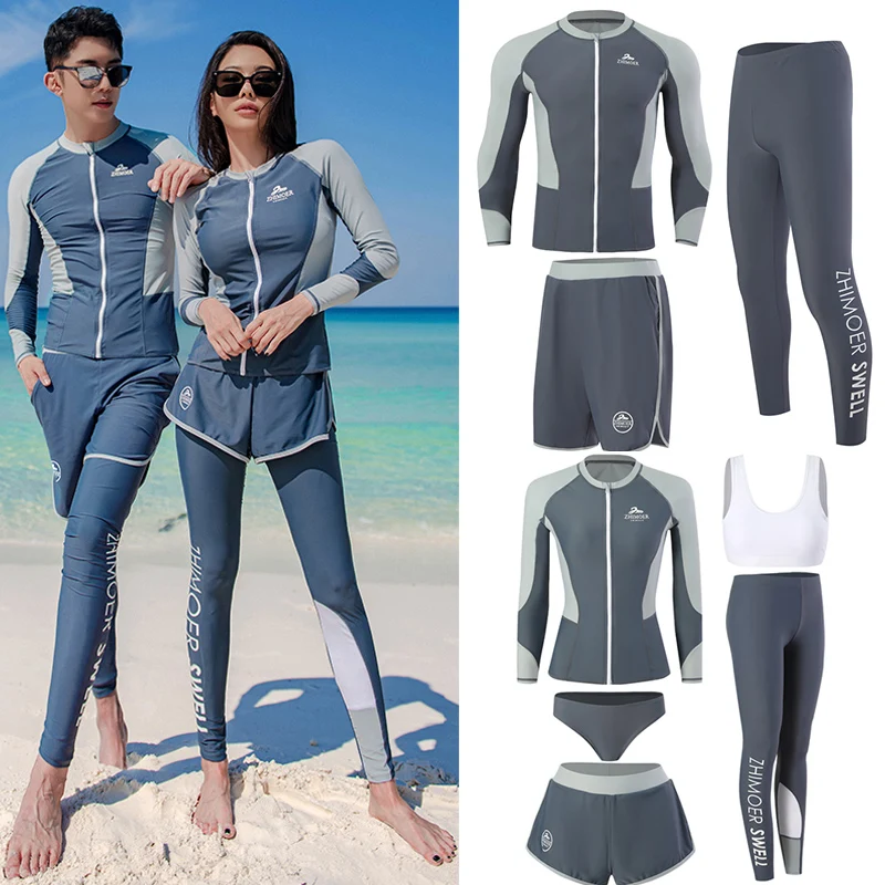 2025 Rash Guards Men Women 3/5 Pcs Long Sleeve Shirt Front Zipper Shorts Pants Blue Black Couples Swimwear Surfing Bathing Suit