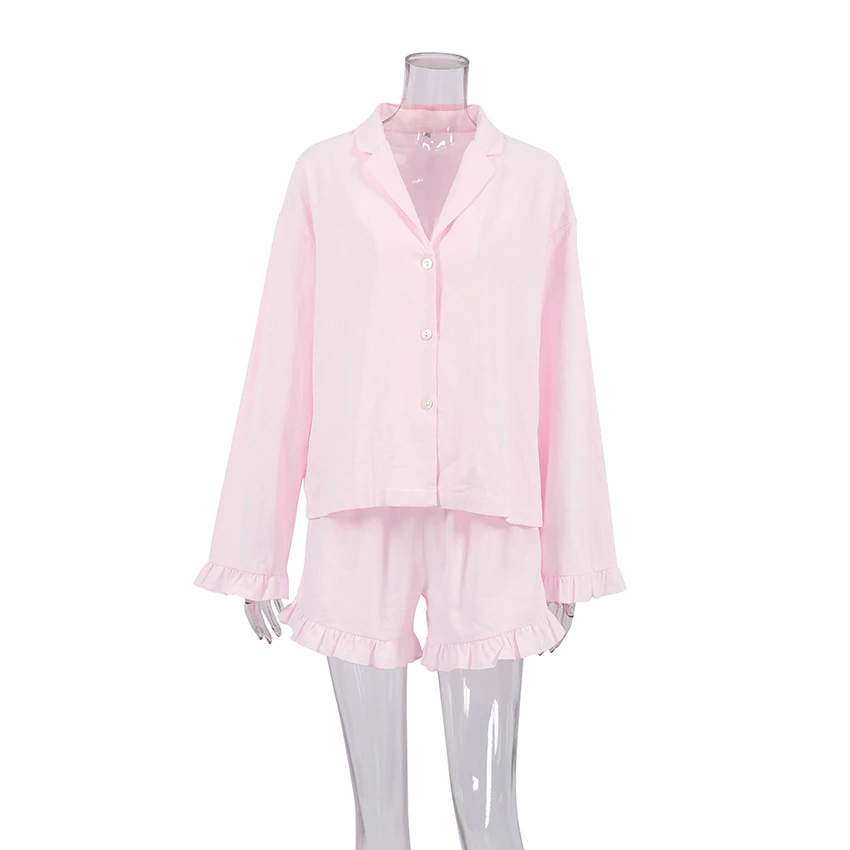 Hiloc Casual สีชมพู V คอ Full กระเป๋าที่กระโปรงผู้หญิงแขนยาวชุดง่าย Ruffles หลวมกางเกงขาสั้นชุดผู้หญิงผ้าฝ้ายทอชุดนอน