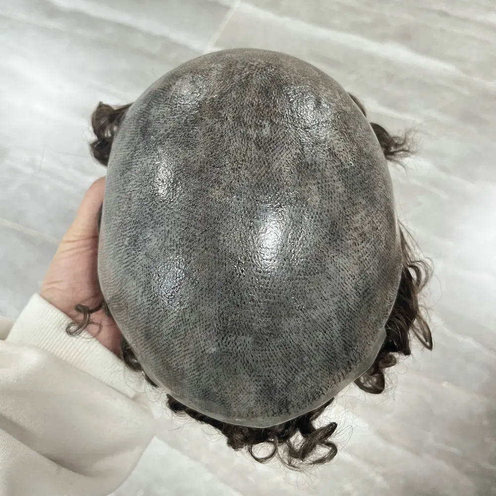Herren-Toupet aus Echthaar, 20 mm, lockig, dünne PU-Haut, männliche Haarprothese, indisches Remy-Haarsystem, natürlicher Haaransatz, Herrenperücke – Detail 7