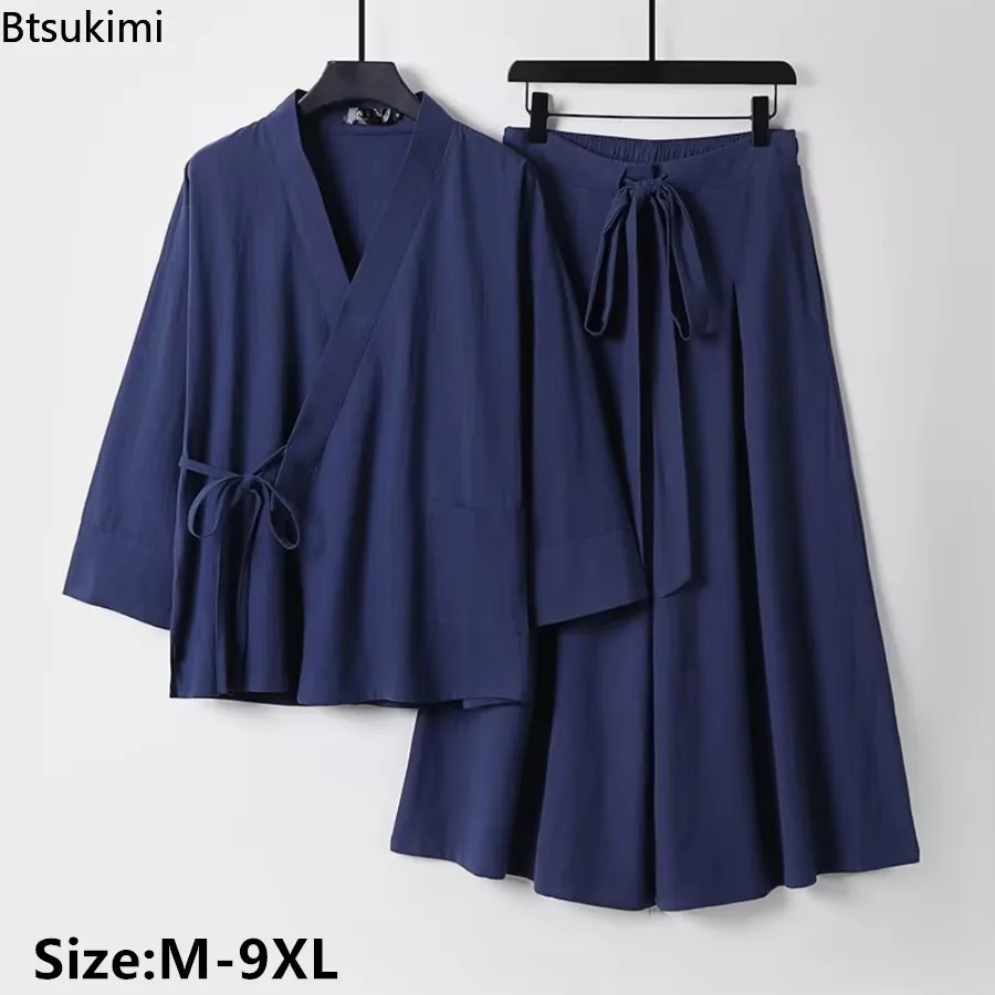 

Chinese Style Cotton Linen Sets Men's Kimono Lace-up Tops and Pantskirt Two Pieces Male Casual Traditional Clothes Tang Suit 8XL