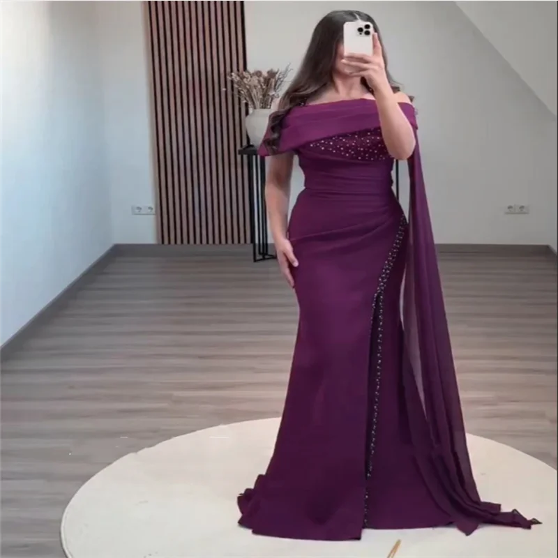 

Arabic Purple Mermaid Evening Dress Prom Gown Customized Beaded Crystals Purple Wedding Party Dress Mermaid Robes De Soirée