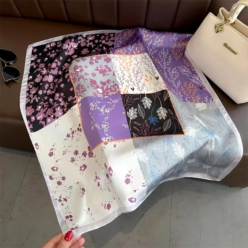 كتلة اللون الأزهار المطبوعة وشاح مربع أنيق الفرنسية رقيقة الساتان وشاح حريري واقية من الشمس الزخرفية عقال هيرباند للنساء