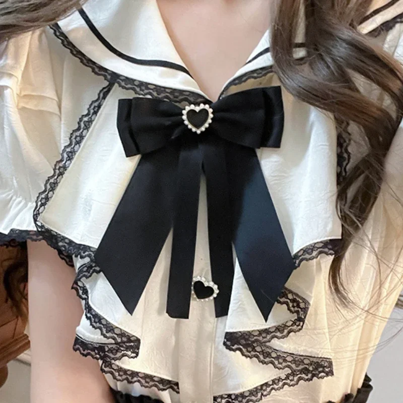 Japanese Jk Uniform Original Design Casual Style Sailor Collar Retro Horn Sleeve Bow Solid Color Top Black Cake Skirt Set Girl