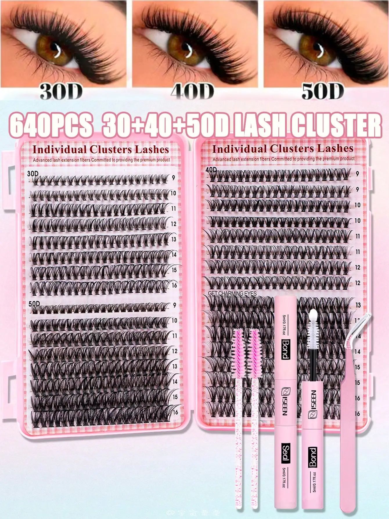 30D/40D/50D Mixed Volume Clusters Eyelash Extension Set Reusable 9-16mm Length, DIY Lash Clusters Kit with Glue