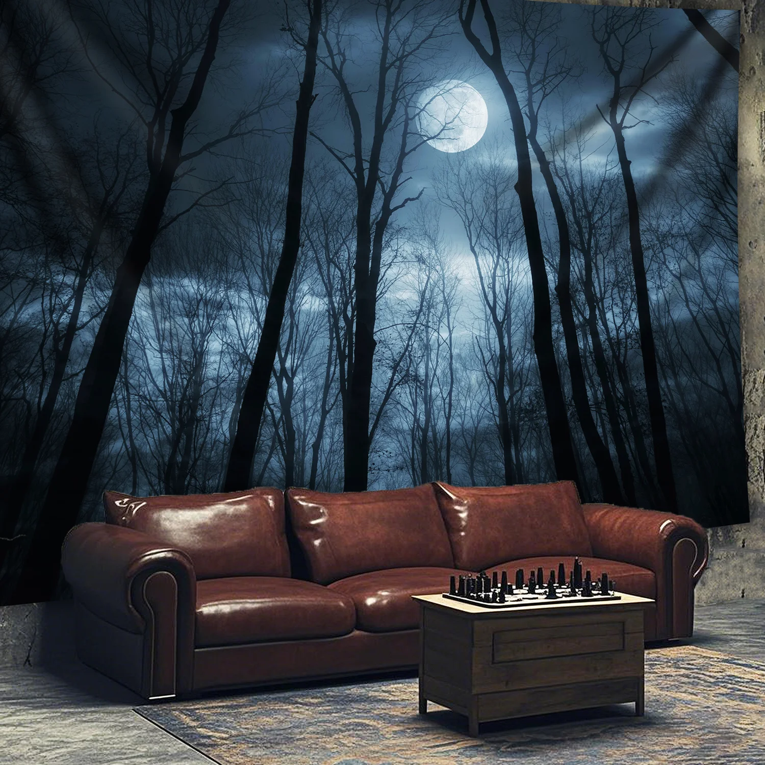 Halloween Gloomy Withered Forest Tapestry Mist Full Moon Dark Illustration Hanging Cloth Atmosphere Room Renovation Tapestry