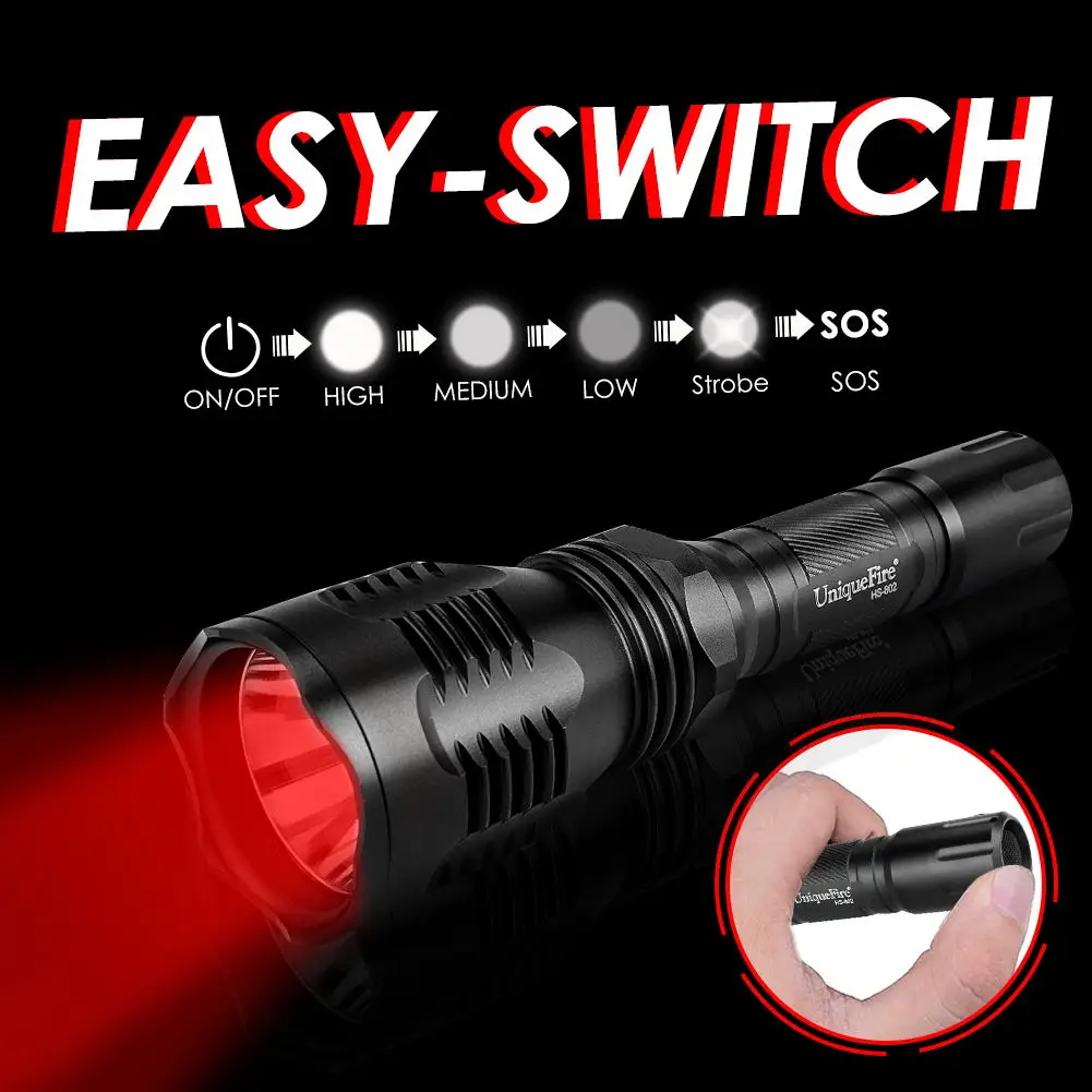 UniqueFire HS-802 Red Light XRE LED Flashlight 3 Modes Full Set Portable Torch Outdoor Lamp Waterproof for Hunting Night Fishing