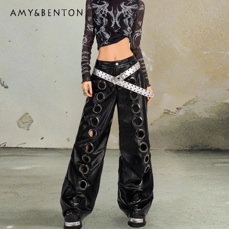 

Original Design Rock Punk Dark High Street Wide-Leg Straight Women's Leather Pants 2025 Autumn New Draped Hole Long Pants Unisex