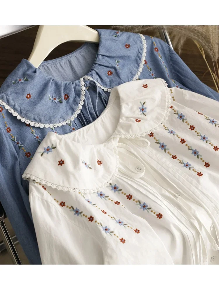 

Lamtrip Unique Sash Bow Lolita Colorful Flower Vine Embroidery Pleated Folds Ruffles Peter Pan Collar Cotton Denim Shirt Blouse