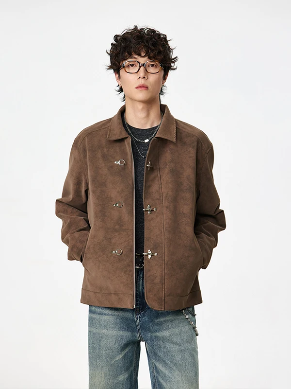 

TANGZ Studio American Retro Sle ort Suede Jaet Men's Flip Collar Quilted PU Leather Outerwear Casual Youth Spring