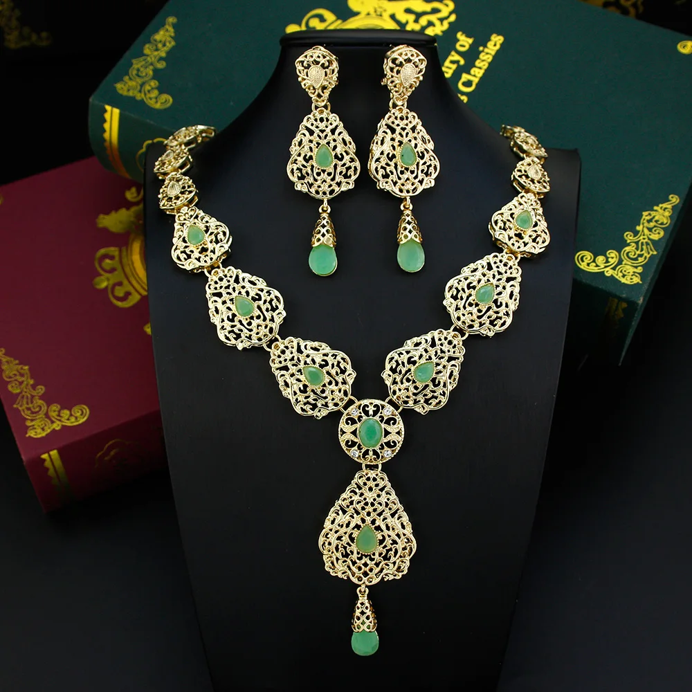 Algeria Morocco Jewelry Sets Long Earring Necklace Set For Women Hollow Arabesque Pendant Necklace Gold Color Bride Jewelry