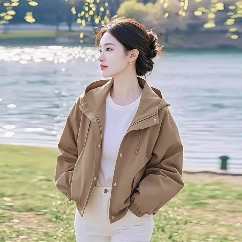 Khaki Spring Autumn New Popular Hot Item Beautiful Casual Niche Loose Yellow Hooded Short Jacket For Women Outcoat With Lining
