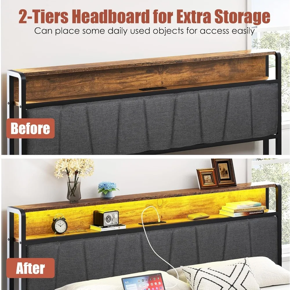 إطار سرير مزدوج الحجم من soges، لوح رأسي للتخزين مع محطة شحن، إطار سرير معدني ثابت مع أدراج، خالي من الضوضاء، بدون صندوق Spri