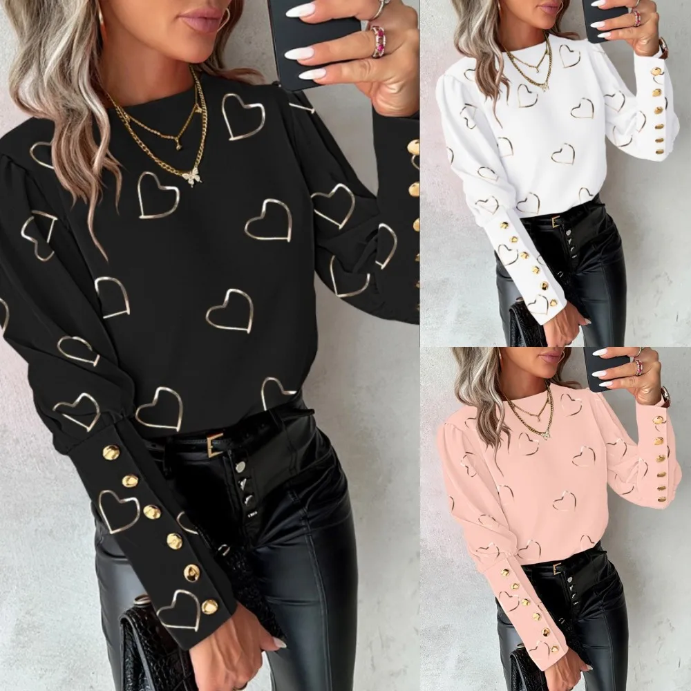 2025 Women Spring Shirts Heart Print Round Neck Long Sleeve Loose Blouses Fashion Casual Button Elegant Office Ladies Tops