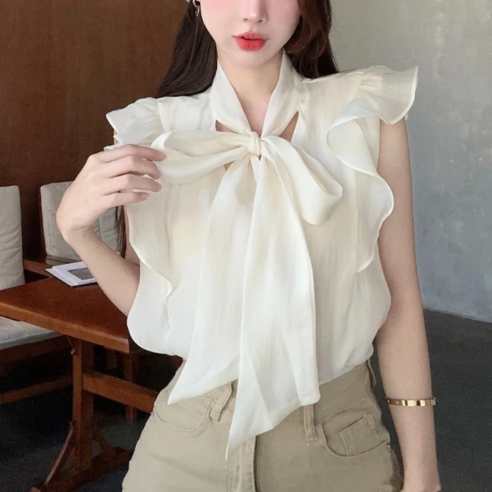 Eenvoudig kantoordame ruches effen chiffon Ropa Mujer Franse stijl all-match tops Uniek literair prachtig nieuw shirt