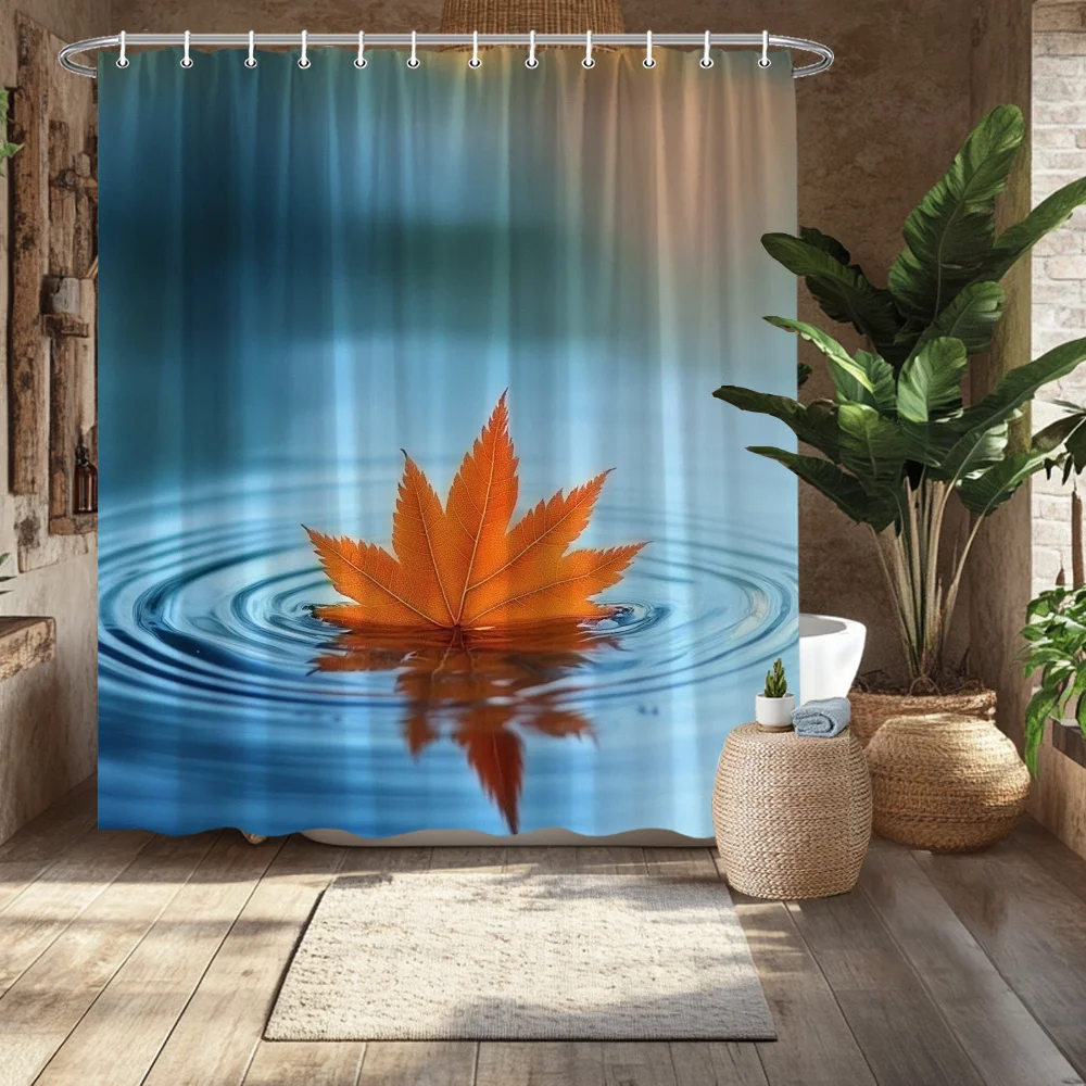 Maple Leaf Shower Curtain, Calm Water Ripple & Vibrant Orange Design, Anti-Fade Polyester, Machine Washable