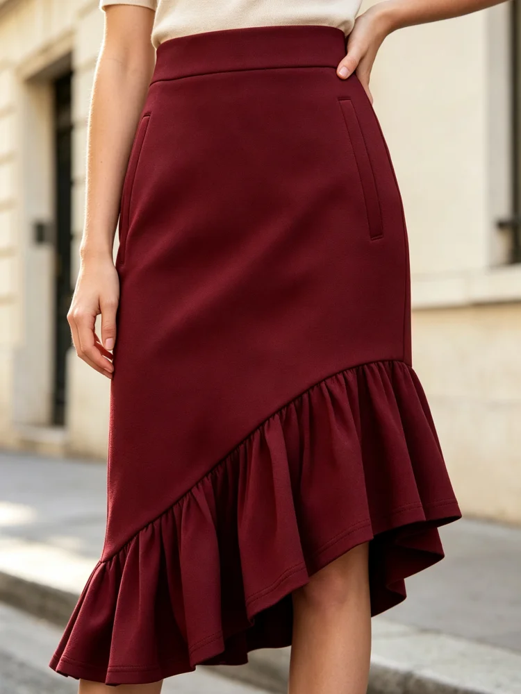 Midi Skirt Women High Waist Asymmetrical Ruffle Hem Pencil Skirt Elegant Office Casual Solid Color Irregular Hem Skirt