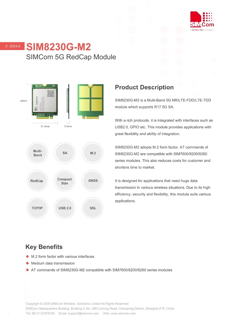 VoltSSIMCOM SIM8230G-M2 5G Communication SIM8230G M.2 Module RedCap Low Power R17 5G SA Global 6
