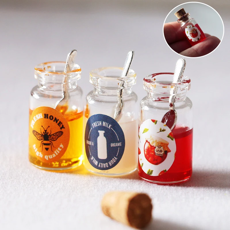 Mini Realistic Honey Milk Strawberry Jam with Spoon Model Dollhouse Miniature Food Play Scale Photography Prop