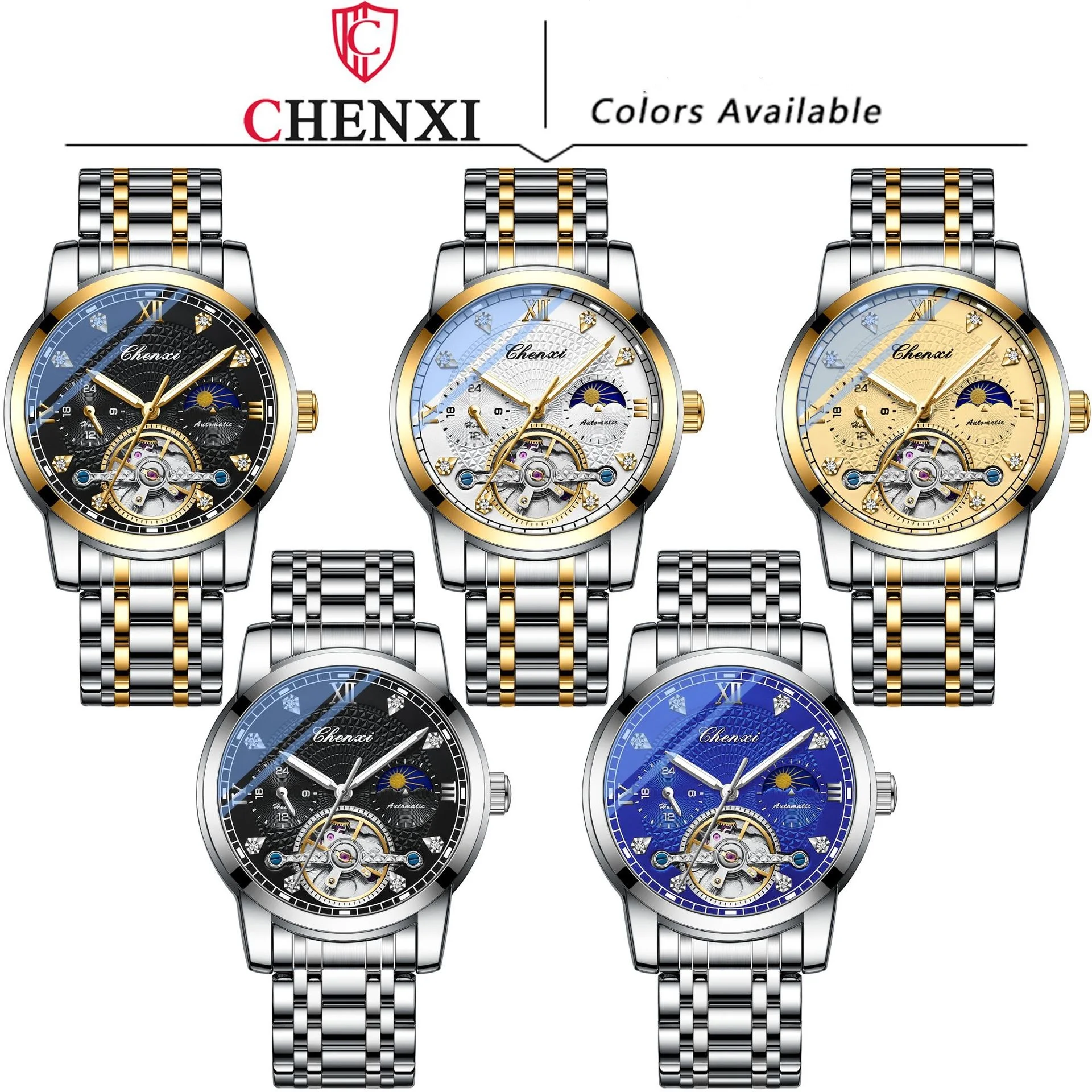 CHENXI 8870 Men Automatic Mechanical Watch Creative Business Luminous Flywheel Stainless Steel Wrist Watches for Male Gift