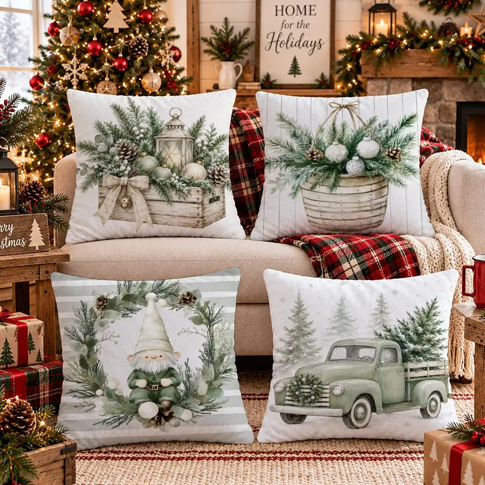 4PC Christmas Green Winter Cushion Cover Plush Pillow Case Home Decor Sofa Double-Sided Print Living Room Festival Gift