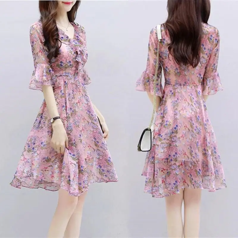 Summer Clothes for Women 2023 Fashion Fragmented Floral Print V-Neck Patchwork Ruffles Half Sleeve Chiffon Knee Length Dresses