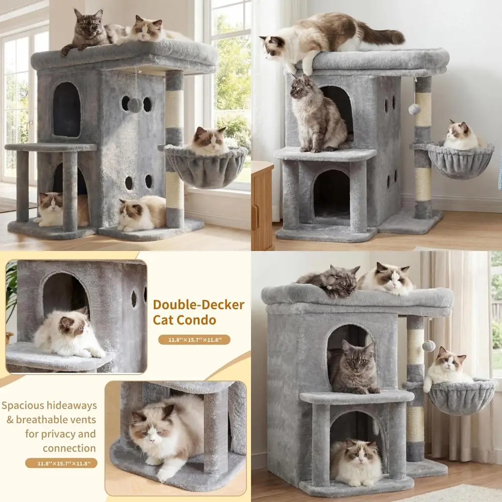 

Большой кошачий домик-дерево, 25,6 кв. футов просторных площадей, двухъярусный, с сизалевыми стойками, уютной корзиной, светло-серый HCT204SW