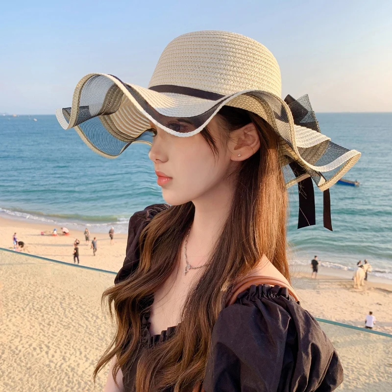 Summer hat ruffled bow breathable straw hat seaside tourism beach hat Sun visor women's outdoor leisure sun hat