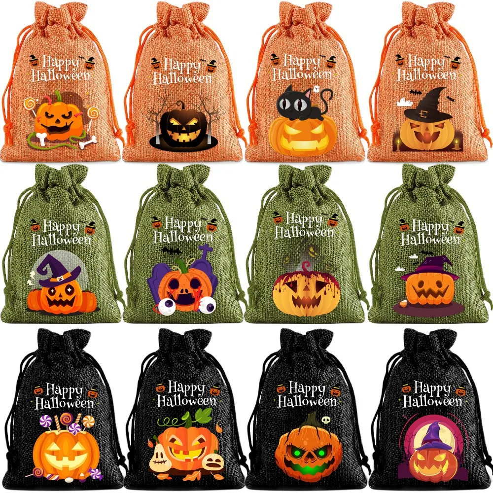36pcs/lot 10*14cm Pumpkin Small Pouches Draw String Bag Halloween Gift Packaging Linen Pouch Children's Candy Storage Bags