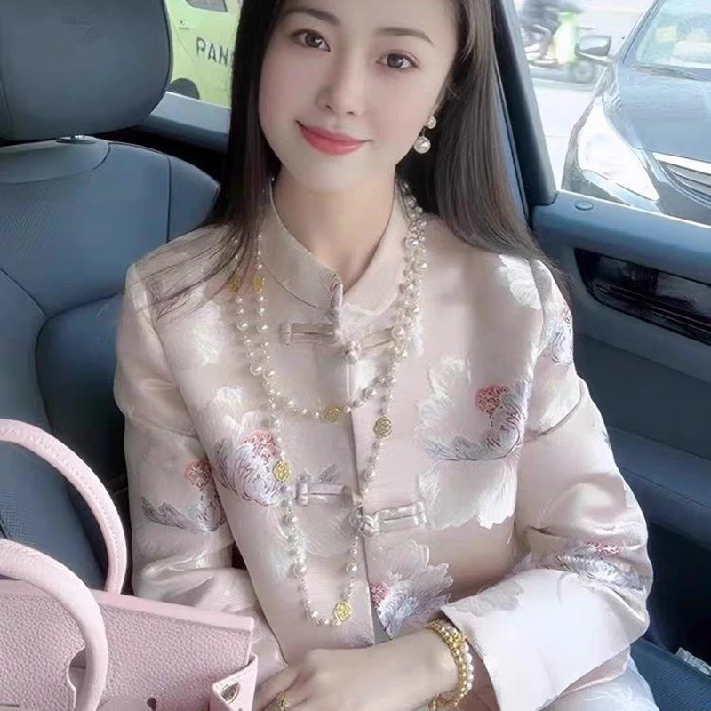

Elegant Satin New Chinese Style Button-Down Coat Women's Fashion Jacket Autumn Winter Floral Print Long Sleeve Luxury Blouse2025