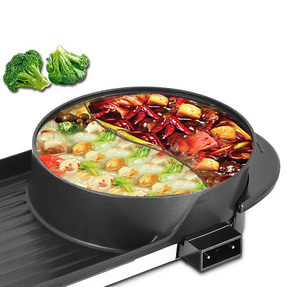 2 In 1 Hot Pot Barbecue Grill Portable Electric Non-stick Teppanyaki Pan Soup