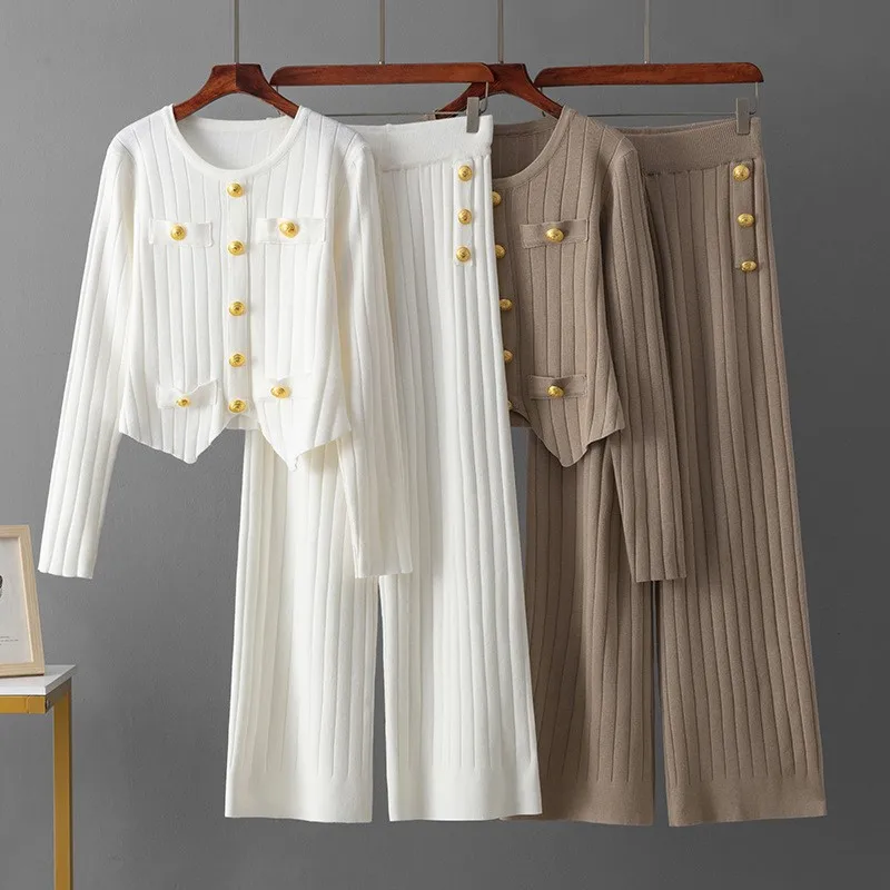 

Women Two Pieces Sets Elegant Fashion Spring Solid Long Sleeves Chic Buttons Pullovers+Elastic Long Pants Vintage Sweater Set